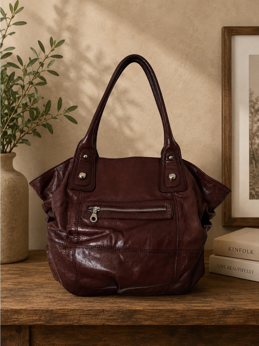 Christopher Kon Brown Distressed Leather Tote Shoulder Bag Slouchy Y2K
